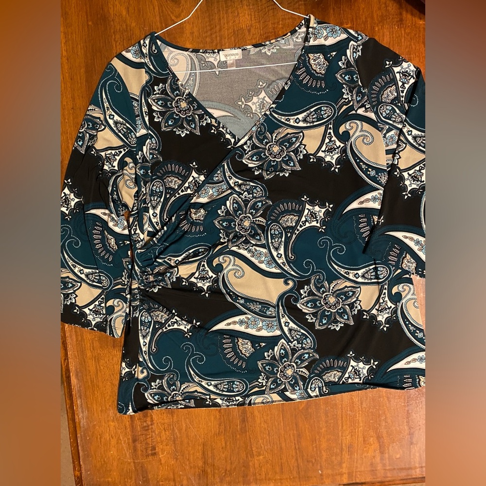 Avenue Paisley Print, 3/4 Sleeve, faux wrap Top, sz 14/16